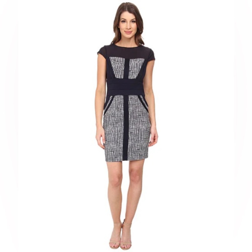 CACHE Dress Womens Small Blue White Geometric Colorblock Mesh Collar Bodycon